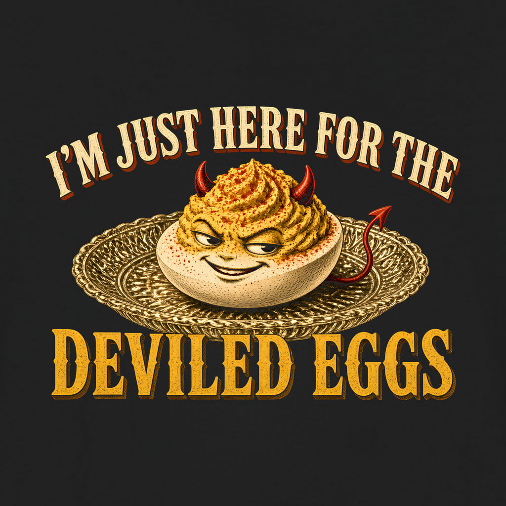I'm Just Here for the Deviled Eggs Tee, Black, close-up