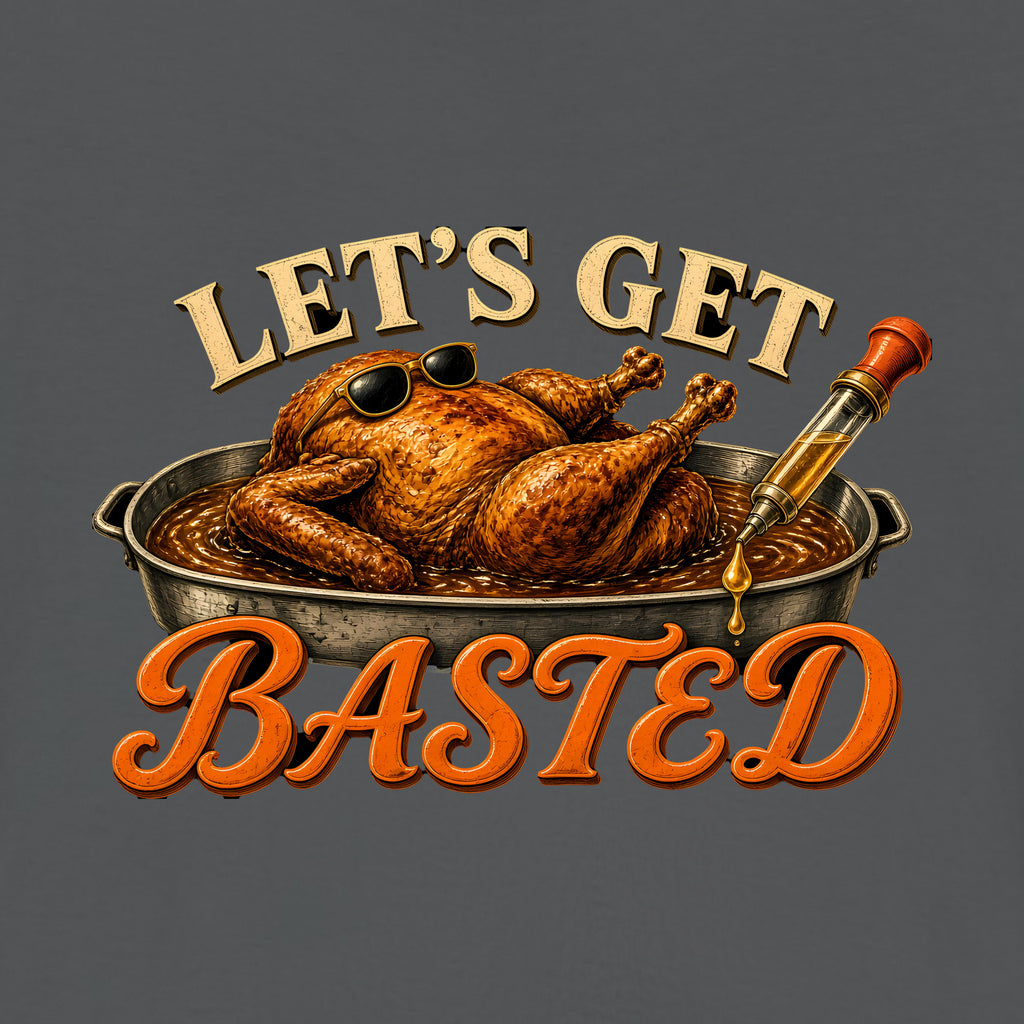 Let's Get Basted Tee, Asphalt, close-up