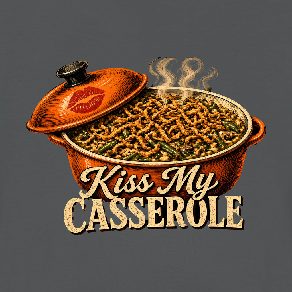Kiss My Casserole Tee, Asphalt, close-up