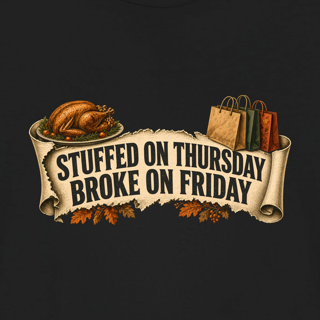 Stuffed on Thursday, Broke on Friday Tee, Black, close-up